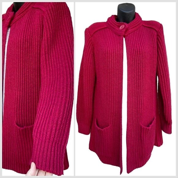 VTG 90s Red Ribbed Knit Cardigan Sweater High Neck One Button Women’s M - Picture 1 of 8